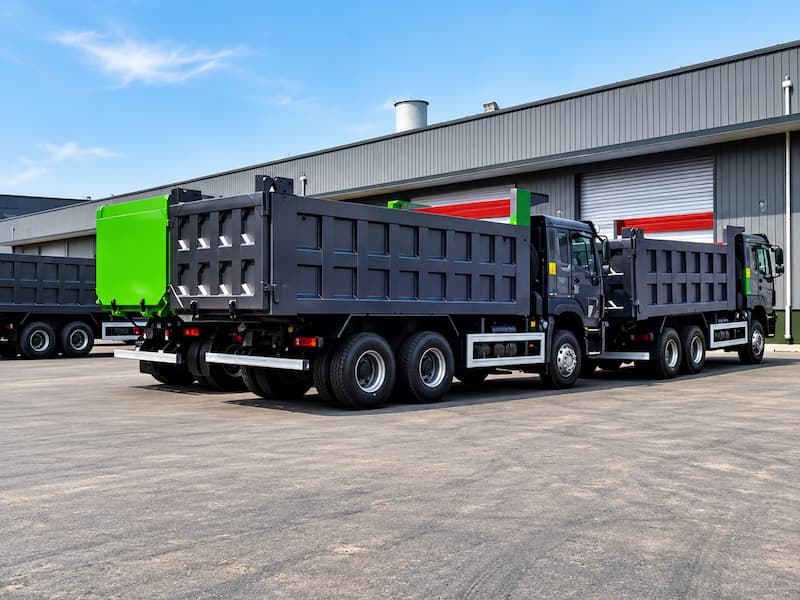 Heavy-duty dump trucks parked outside an industrial warehouse, suitable for construction material transportation and equipment supply projects.