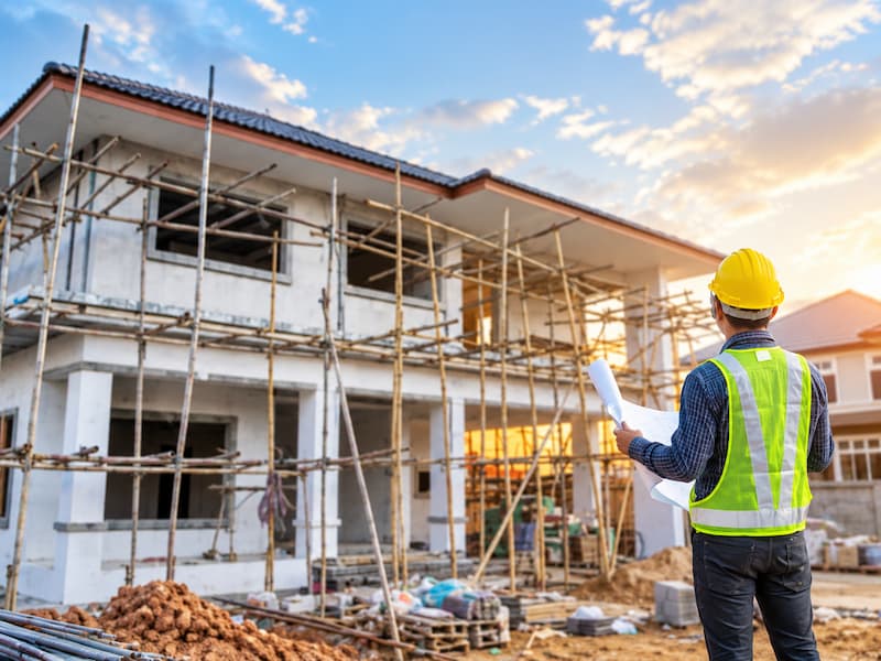 Construction supervisor wearing a yellow hard hat and high-visibility safety vest reviewing blueprints at a residential construction site with scaffolding during sunset.